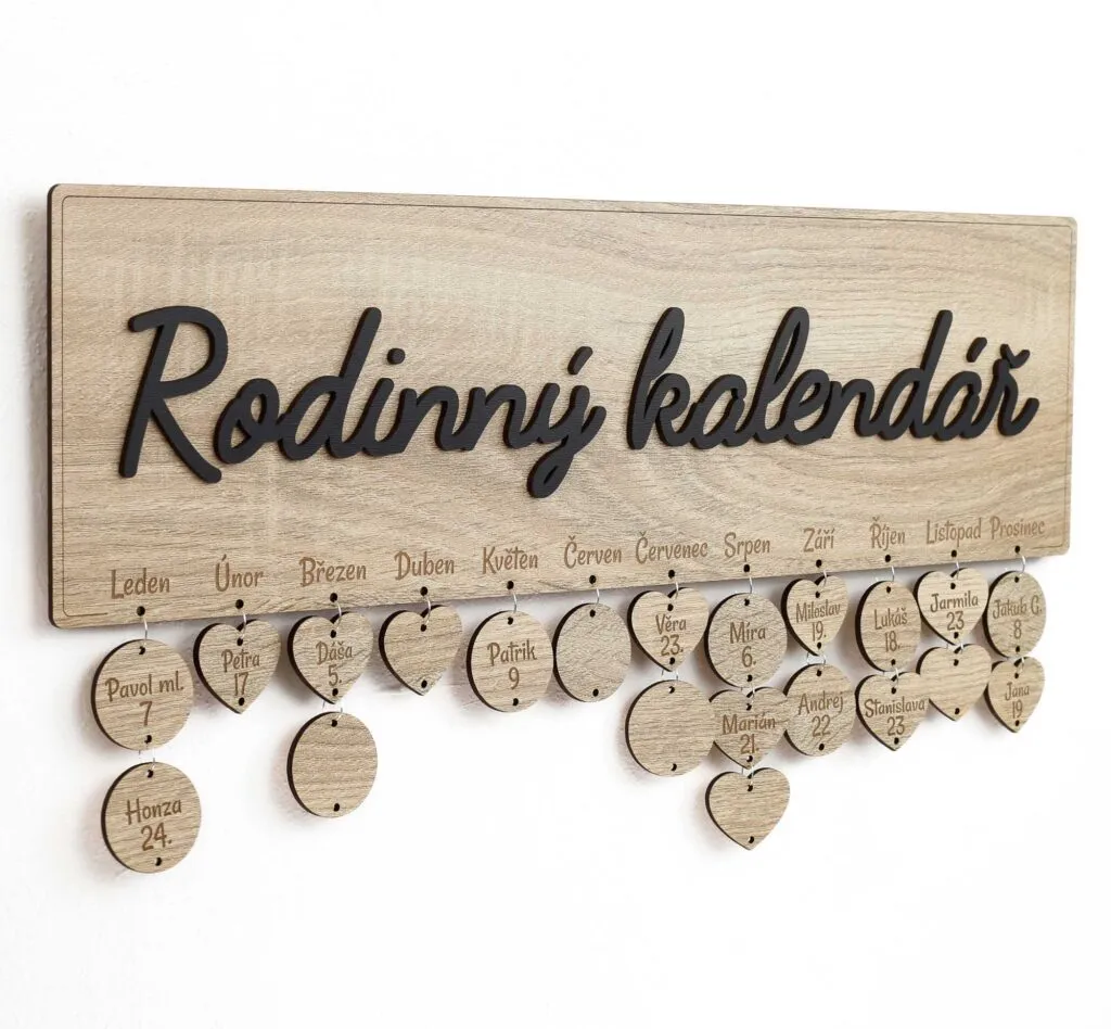 Rodinný kalendář - srdíčka a kroužky - Dub sonoma